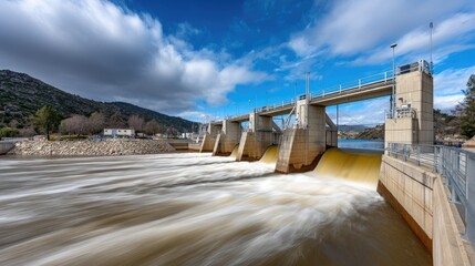 Powerful Water Flow at Modern Dam, Captured in Dynamic Motion with Blue Skies and Dramatic Clouds in Scenic Landscape