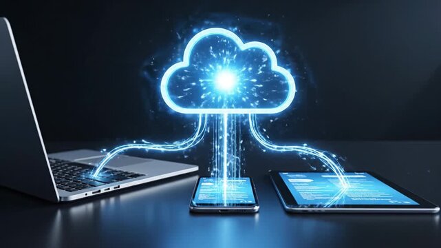 Cloud sync connection glowing above laptop phone tablet data transfer network digital sync connection with secure cloud storage, glowing streams and neon data transfer between devices