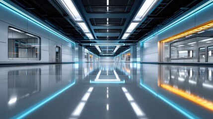 Naklejka premium Futuristic corridor with glowing lights and sleek design, reflecting modern architecture and advanced technology, ideal for science fiction or innovation concepts