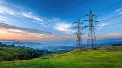 Beautiful landscape with high voltage power lines stretching across green hills under a dramatic sky at sunrise with soft clouds and distant city view
