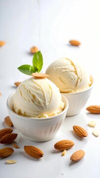Delicious almond flavored ice cream scoops garnished with fresh mint in white bowls, displayed in clean setting.