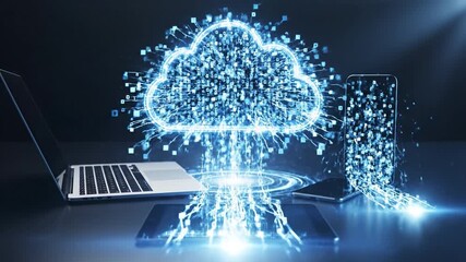 Cloud data transfer between laptop tablet and smartphone showing glowing network cloud and flowing binary energy connecting devices with futuristic blue light streaming data to laptop and mobile - Powered by Adobe