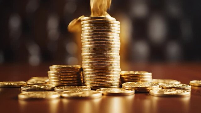 Golden coin stack and scattered coins wooden surface reflecting warm light elegant wealth concept with shallow depth of field soft bokeh conveying investment finance savings money metal currency gold