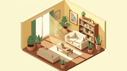 Cozy Living Room with Plants and Bookshelves Isometric View.