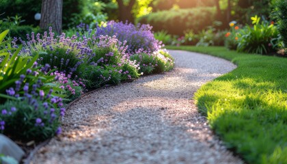 Obraz premium Sunlit gravel garden path winding through blooming purple lavender flowers