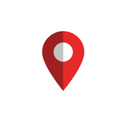 Flat minimalist red map pin icon with white center circle, classic location marker in two tone design.