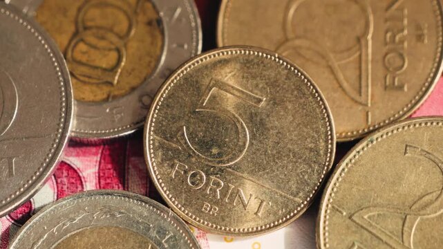 Banknote details of Hungarian forint and coins. High quality 4k footage