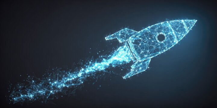 Abstract futuristic rocket design with glowing blue particles against dark background - Powered by Adobe