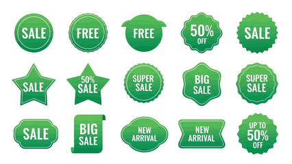 Collection of vibrant green sale and promotional labels with various offers
