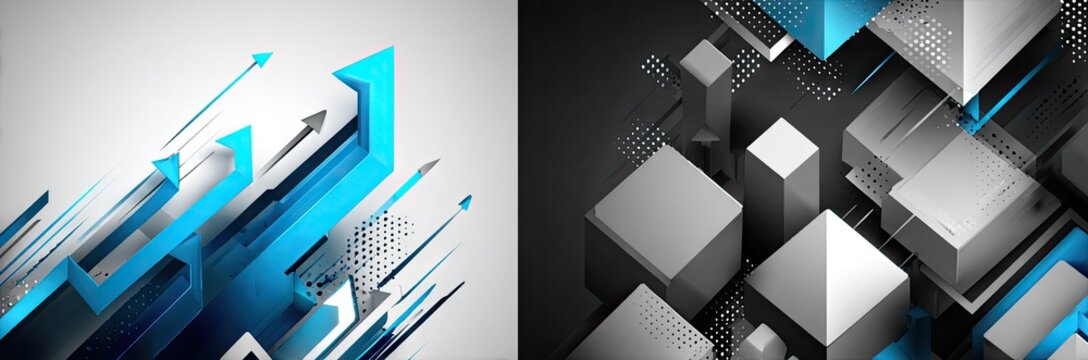 Abstract geometric design with blue arrows and cube shapes on gradient background - Powered by Adobe