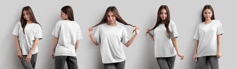Mockup of a white oversized t-shirt on a dark-haired girl, front, back view, isolated on background. Set