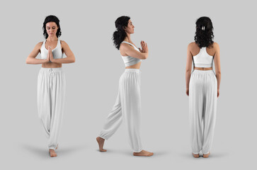Mockup of white wide pants, top for yoga on coach in asana, full height front, side, back view, isolated on background. Set