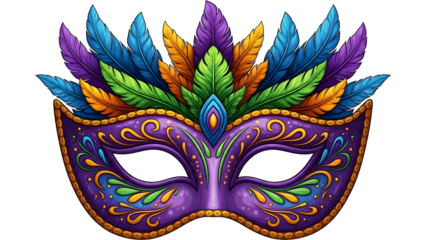 Vibrant mardi gras mask isolated on transparent background colorful feathers and decorations