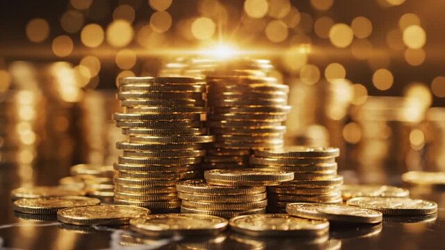 Golden coin stack shimmering reflective surface with soft bokeh lights creating warm rich atmosphere and sense of wealth and prosperity golden coin stack shimmering reflective surface with bokeh