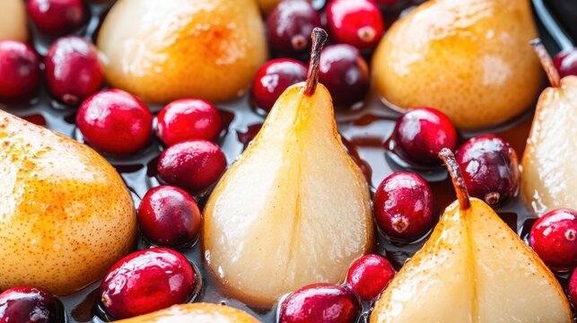Sweet Symphony: Delicately poached pears and vibrant cranberries are immersed in a glossy, rich syrup, creating a harmonious and tantalizing culinary composition.
