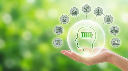 A hand holds a glowing sphere with a green head and battery icon symbolizing mental health and holistic well being on a soft blurred green background