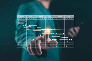 Business professional pointing digital project timeline and Gantt chart interface, representing project management, workflow planning, task scheduling, deadline tracking, business strategy management.