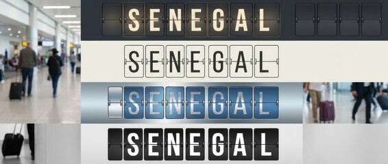 senegal airport split flap display title set with the word senegal spelled across flipboard tiles includes four different board styles