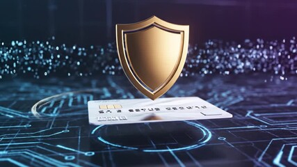 Golden shield security card protecting contactless payment card and digital circuit for online transaction protection and finance security, glowing circuit board shielded payment card and secure