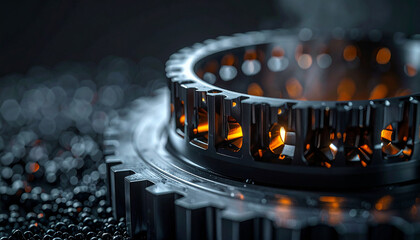 Industrial Gear: A close-up shot of a complex industrial gear, with internal glowing lights, representing industry innovation, detail, and the intricate world of engineering.