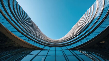 Low angle view of a modern skyscraper's curved facade against a bright blue sky
