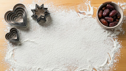 Eid cookies preparation flatlay with flour and copy space on wooden table