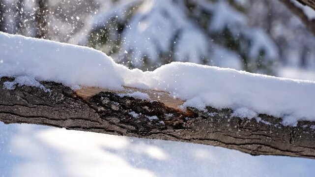 Close-up slow motion footage of fresh white snow powder exploding and scattering off a rough tree branch in a bright, sunny winter forest setting with sparkling ice crystals.