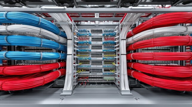 Complex Network Infrastructure with Color-Coded Cables and Connectors, Showcasing Modern Technology and Organizational Systems in Data Centers