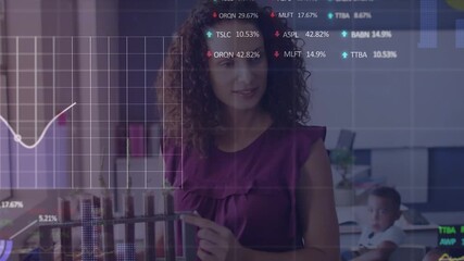 Animation of data processing over diverse schoolchildren with teacher - Powered by Adobe