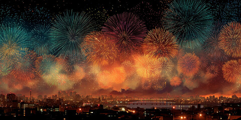 Amazing of fire works over the city multi color and colorful , celebration.