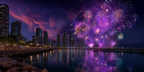 Beautiful of fire works over the river in the middle of big city at bight , purple color tone , celebration.