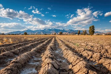 Winter farm field landscape with furrows, snow capped mountains, and a blue sky
