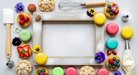 Colorful Macarons and Baking Tools Frame on Light Background.