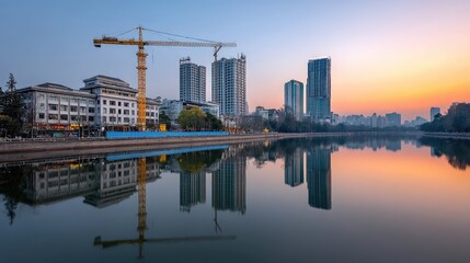 Naklejka premium Serene Urban Landscape at Dawn with Crane Reflections in Calm Water Surrounded by Modern Buildings and Soft Orange Sky