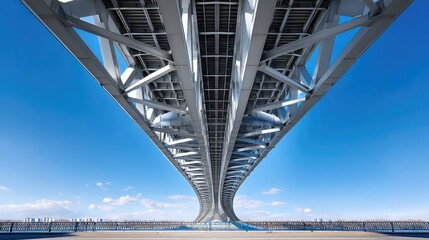 Fototapeta premium Majestic Underneath View of a Modern Architectural Bridge Against a Clear Blue Sky Showcasing Steel Structure and Urban Landscape