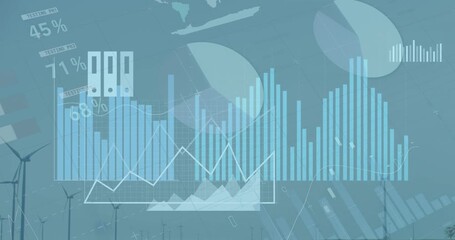 Animation of statistics and data processing over wind turbines - Powered by Adobe