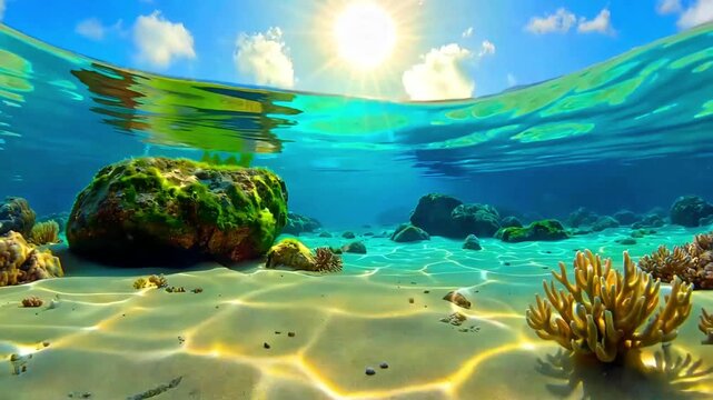 Stunning split view captures vibrant tropical ocean surface sunlight rays illuminating clear turquoise water above a sandy seabed with coral
