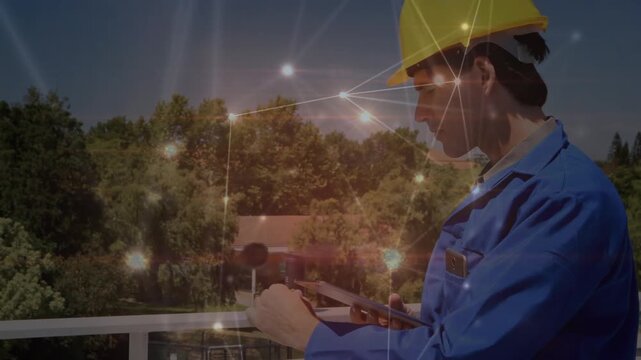 Animation of network of connections over caucasian engineer with anemometer