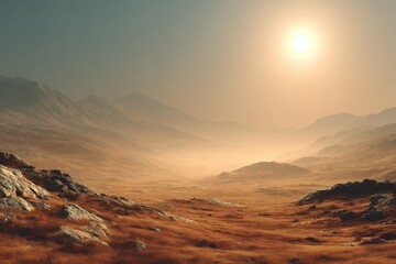 Fototapeta premium Expansive desert landscape with rocky terrain and hazy mountains under glowing sunset