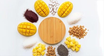 Acai Bowl Ingredients Arranged Around Wooden Bowl on White Background.