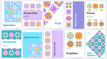 Fototapeta premium Geometric Pixel Grid Posters, Modern Square Mosaic Templates in Soft Pastel Colors for Covers and Presentations