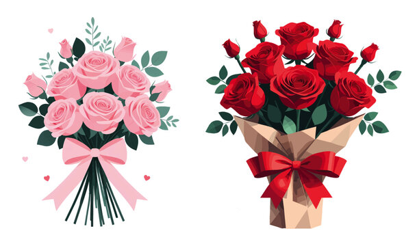 Romantic illustration of red and pink rose bouquets wrapped in paper with ribbon bows for valentine and wedding celebrations