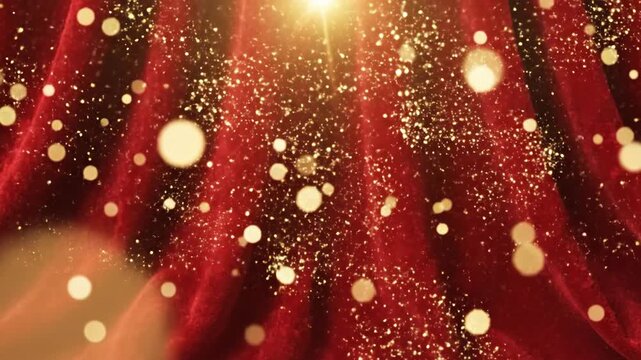 Abstract red curtain with glittering bokeh lights and golden particles