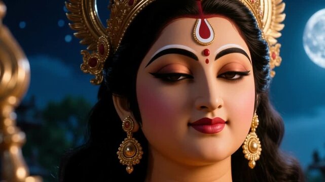 Close Up Portrait of Goddess Parvati Representing Divine Femininity with Moonlit Temple Background Isolated in Slow Motion 4K Hindu Mythology Concept