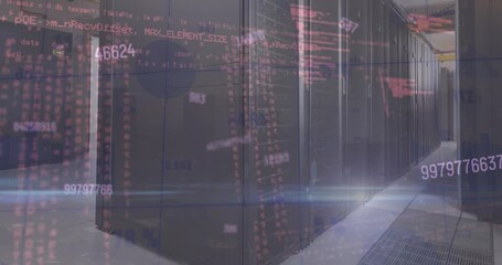 Animation of multiple changing numbers and data processing against computer server room - Powered by Adobe