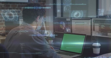 Animation of data processing over caucasian man having a videocall on laptop with copy space - Powered by Adobe