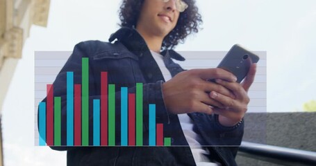 Animation of orange and blue moving over businessman using smartphone