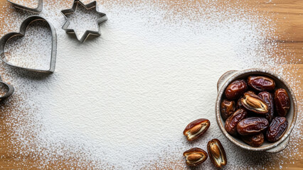 Eid cookies preparation flatlay with flour and copy space on wooden table
