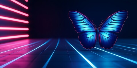 A digitally rendered blue butterfly with neon lights in a dark and futuristic setting scene