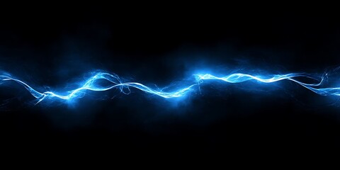 Abstract blue energy wave flowing horizontally across a black background in a digital illustration